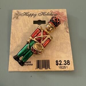 Vintage Enamel Soldier Drummer Christmas Brooch Pin 2 1/8 Inches